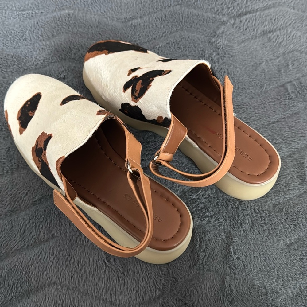 Slingback Mules in Cream & Brown - Cow Print